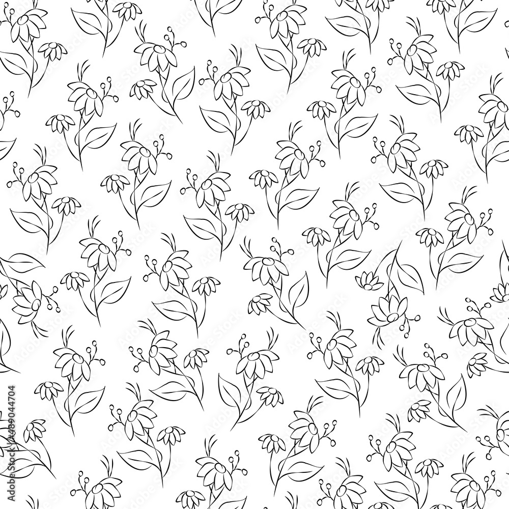 Fototapeta premium Vector black and white illustration. Floral seamless pattern. Bouquet of wild flowers. Hand drawn flower field. simple flowers. Flowering heads of field chamomile. Outline drawing.
