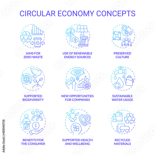 Circular economy blue gradient concept icons set. New opportunity for companies idea thin line color illustrations. Supported biodiversity. Isolated symbols. Roboto-Medium, Myriad Pro-Bold fonts used