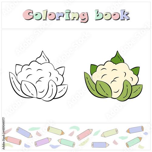 Coloring book page for children with colorful cauliflower and sketch to color. Cartoon style. Preschool education. Vector illustration, eps