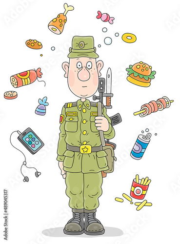 Hungry young soldier in military uniform standing on sentry with a machine gun and dreaming about delicious fast food and a smart phone with Internet, vector cartoon illustration isolated on white