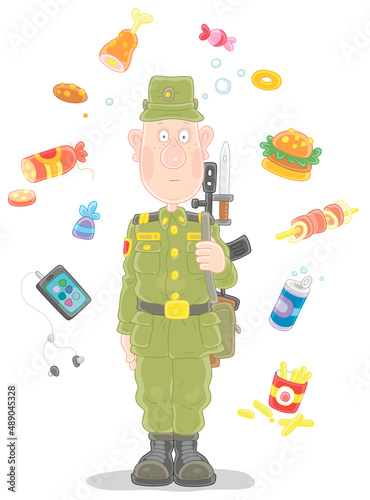 Hungry young soldier in military uniform standing on sentry with a machine gun and dreaming about delicious fast food and a smart phone with Internet, vector cartoon illustration isolated on white