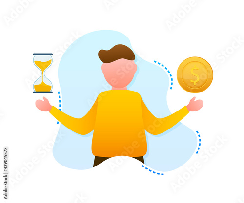 Man choosing between two options Time and money. Vector stock illustration