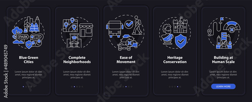 Urban design principles night mode onboarding mobile app screen. City walkthrough 5 steps graphic instructions pages with linear concepts. UI, UX, GUI template. Myriad Pro-Bold, Regular fonts used