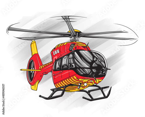 Red and yellow rescuers helicopter vector clip art
