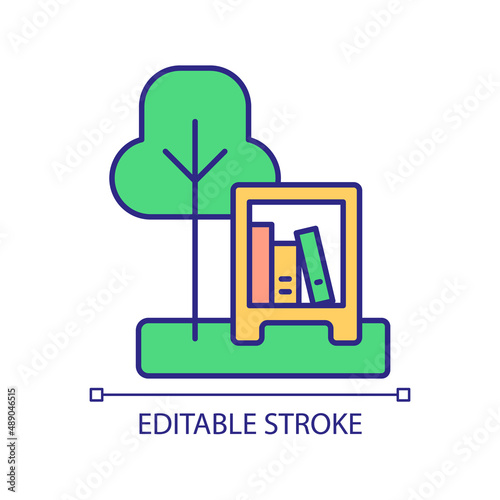 Urban bookcrossing RGB color icon. Public library in park. Book exchange and entertainment. Isolated vector illustration. Simple filled line drawing. Editable stroke. Arial font used