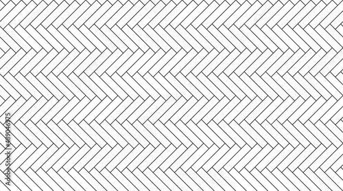 Herringbone floor. Seamless tile pattern. Outline cladding texture. Herring bone surface. Ceramic print. Geometric tessellation grid. Paving background. Scandinavian white panel. Vector illustration