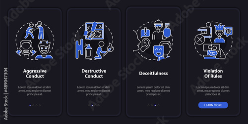 Conduct disorder groups night mode onboarding mobile app screen. Walkthrough 4 steps graphic instructions pages with linear concepts. UI, UX, GUI template. Myriad Pro-Bold, Regular fonts used