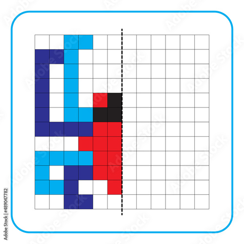 Picture reflection educational game for children. Learn to complete symmetrical worksheets for preschool activities. Coloring grid pages, visual perception and pixel art. Finish the spider images.