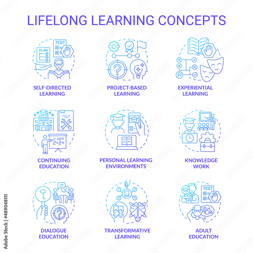 Lifelong learning blue gradient concept icons set. Adult education. Skills development idea thin line color illustrations. Isolated symbols. Roboto-Medium, Myriad Pro-Bold fonts used