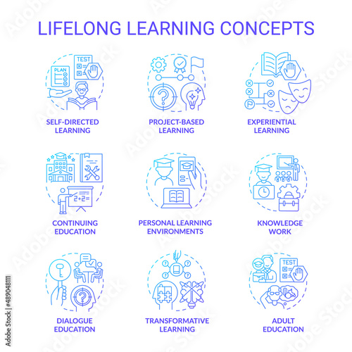Lifelong learning blue gradient concept icons set. Adult education. Skills development idea thin line color illustrations. Isolated symbols. Roboto-Medium, Myriad Pro-Bold fonts used