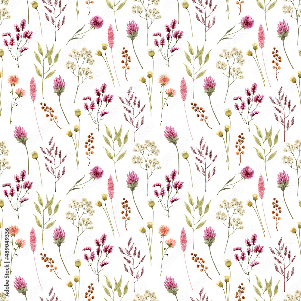 Seamless pattern with watercolor flowers and leaves on a white background, hand painted.	
