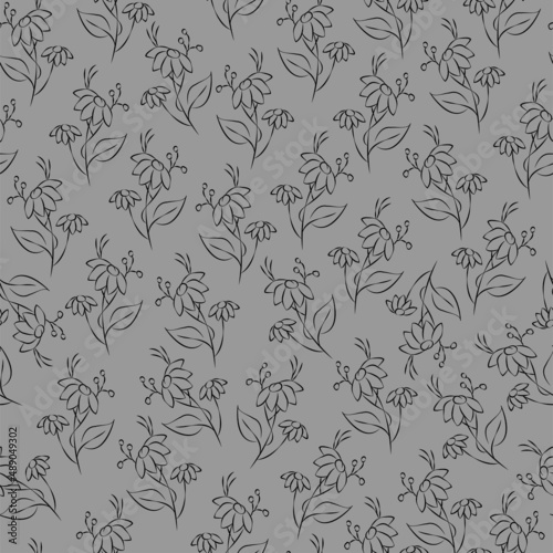 Vector black and gray illustration. Floral seamless pattern. Bouquet of wild flowers. Hand drawn flower field. simple flowers. Flowering heads of field chamomile. Outline drawing.
