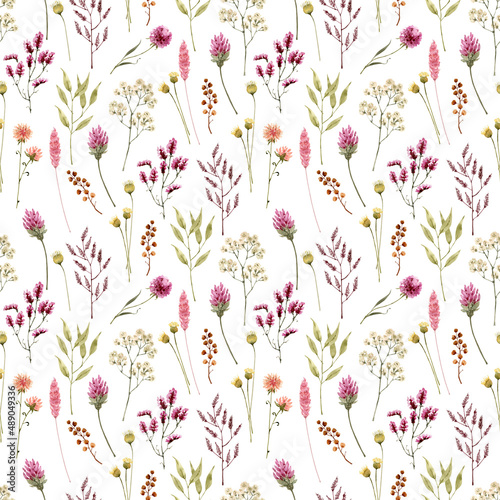 Seamless pattern with watercolor flowers and leaves on a white background, hand painted. 