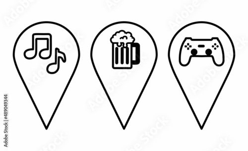 Set of pins in a linear style. Map pointers with different pointer signs. Entertainment, games and recreation icons. Design elements for banner, games, poster, cards, guides. Vector illustration