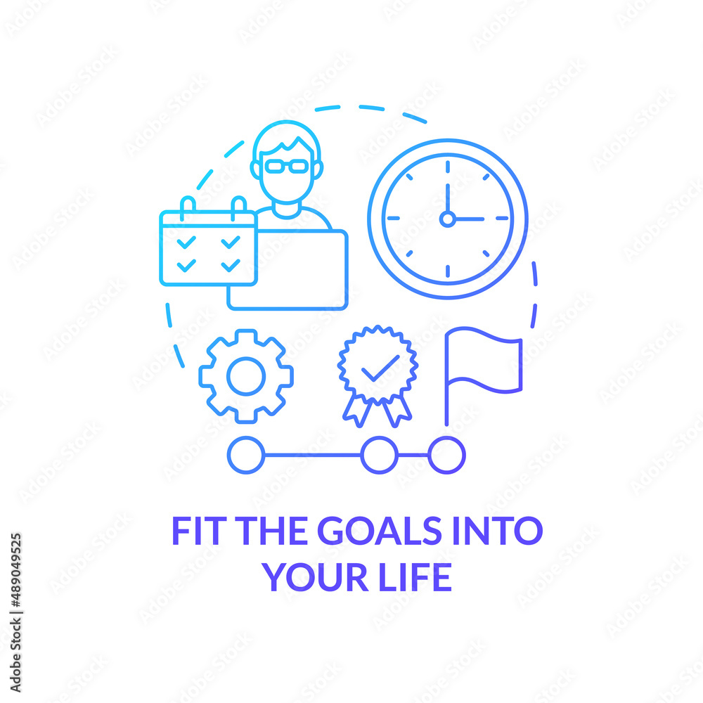 Fit goals into your life blue gradient concept icon. Ongoing study. Adopting lifelong learning abstract idea thin line illustration. Isolated outline drawing. Myriad Pro-Bold fonts used Fit goals into your life blue gradient concept icon. Ongoing study. Adopting lifelong learning abstract idea thin line illustration. Isolated outline drawing. Myriad Pro-Bold fonts used