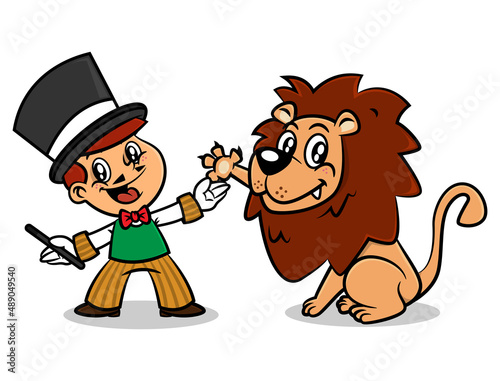 Cartoon illustration of Little magician and lion greeting after acrobatics performance, best for mascot, sticker, logo, and decoration with circus themes for kids photo