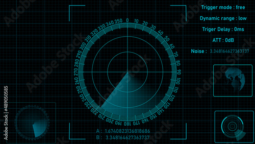 Radar HUD Screen Animation 4K. Motion graphic of colorful sonar radar screen searching an object with line digital technology background, Futuristic animation concept seamless loop video 