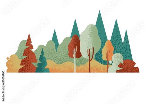 Vector simple landscape with trees and shrubs. Horizontal illustration of nature flat style. Deciduous and coniferous mixed forest.