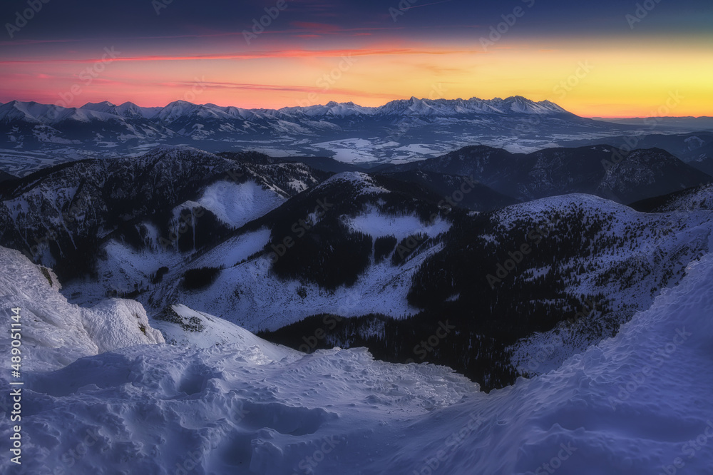 panorama of the High Tatras before sunrise, beautiful Slovak unspoilt nature, a wonderful destination for vacation and relaxation