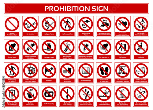 Set of Prohibition Sign. Forbidden Sign In White Pictogram. ISO 7010 Sign. photo