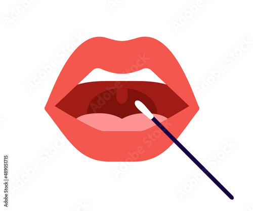 Mouth pcr swab test for control virus covid 19. Oral probe for fast analysis on check presence covid. Mouth and medical stick. Vector illustration