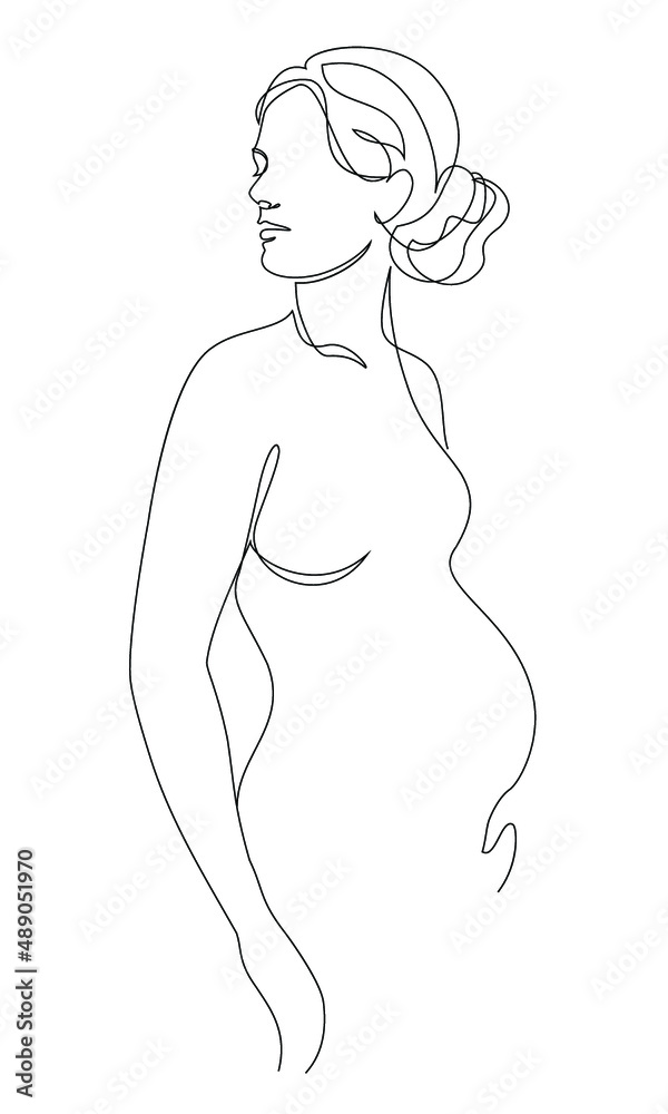 Lady silhouette in modern one line style. The girl is pregnant. Mother woman. Solid line, outline aesthetic decor, posters, stickers, logo. Set of vector illustrations.