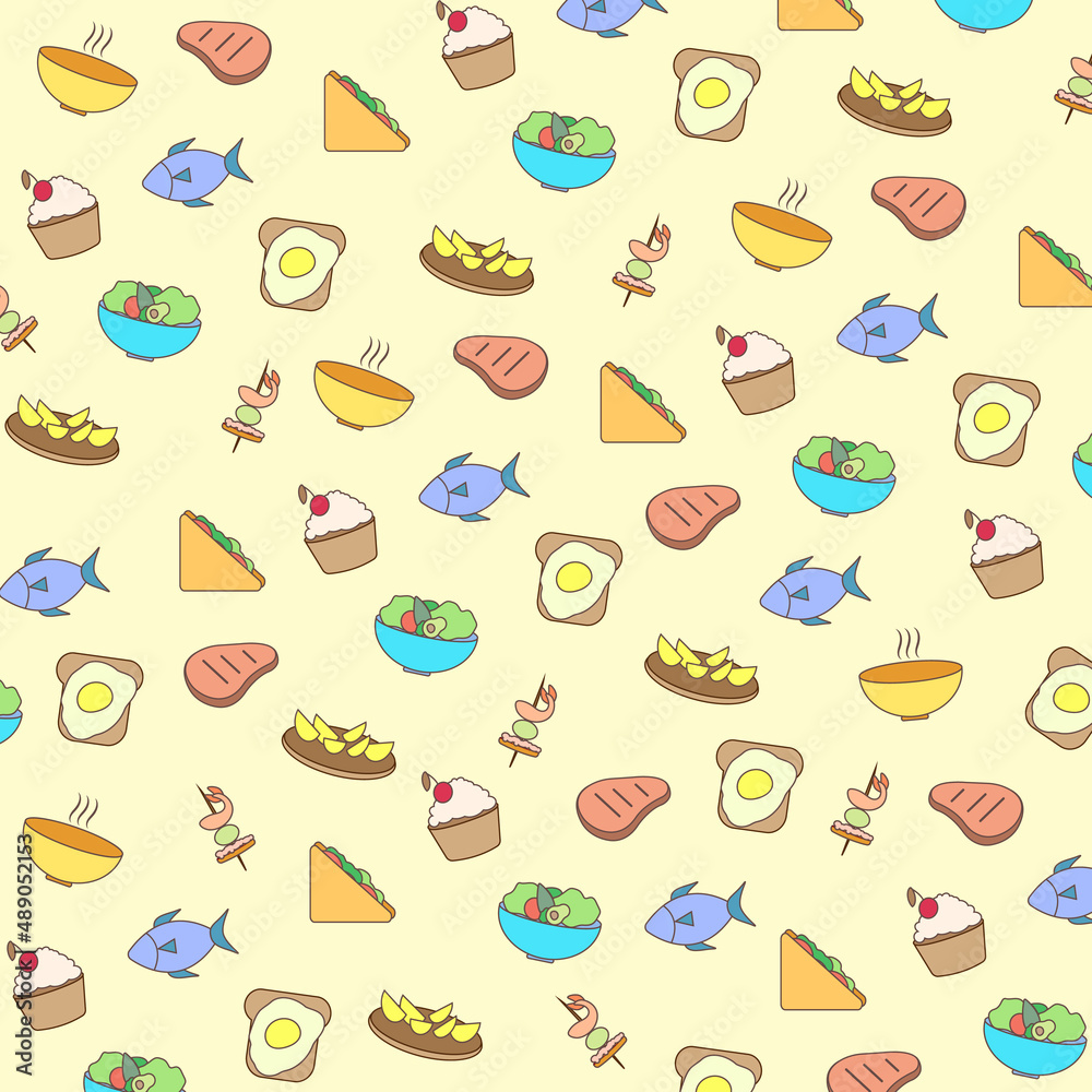 the pattern of food line icons on light background the pattern of food line icons on light background