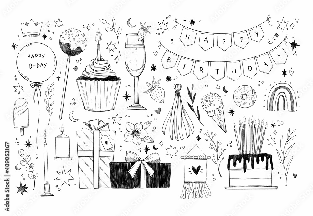 Hand drawn pencil illustrations - happy birthday sketches. Cake, cupcake, candles, stars, champagne and other drawings. Perfect for bday cards, posters, prints