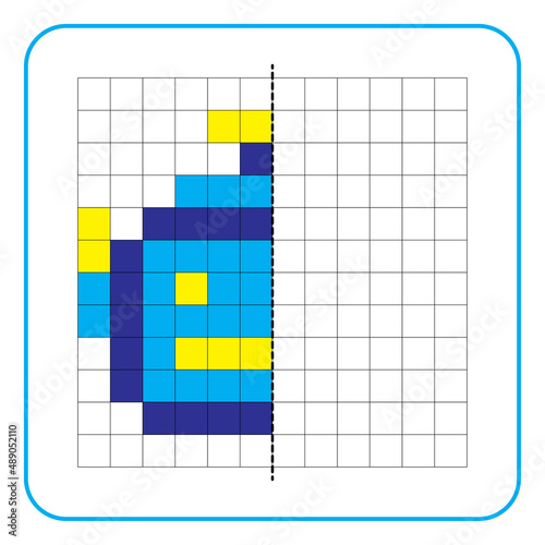 Picture reflection educational game for kids. Learn to complete symmetrical worksheets for preschool activities. Tasks for coloring grid pages, picture mosaics, or pixel art. Finish the robot face.