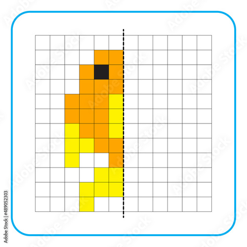 Picture reflection educational game for children. Learn to complete symmetrical worksheets for preschool activities. Coloring grid pages, visual perception and pixel art. Finish the goldfish image.