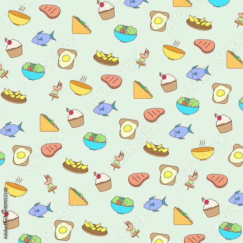 the pattern of food line icons on blue background