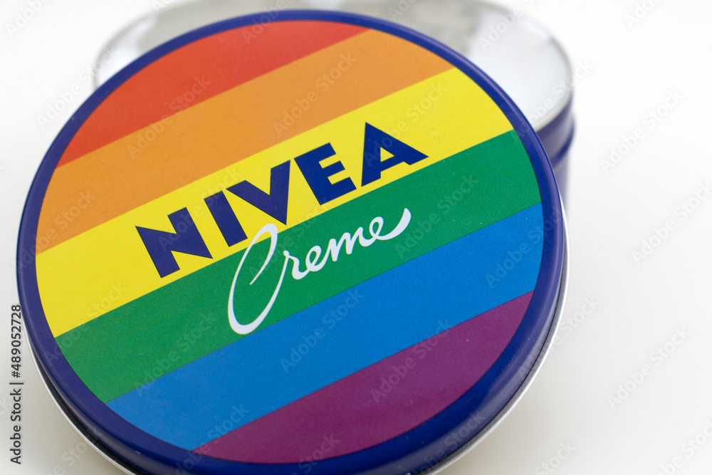 round Nivea cream jar with a lid in fabulous pride rainbow edition on  February 23.2022 in Berlin, Germany Photos | Adobe Stock