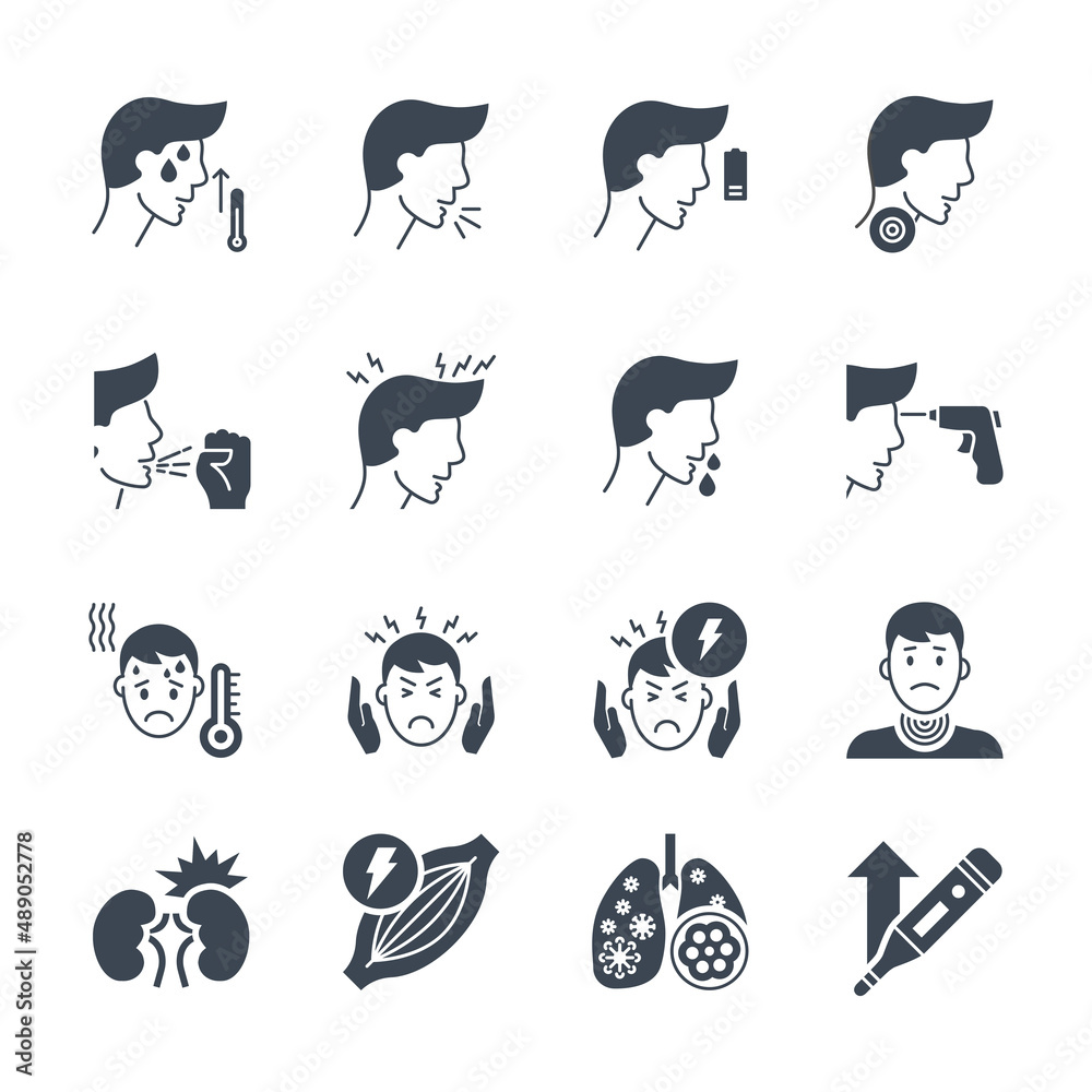 Coronavirus symptoms related glyph vector icons set. Contains such Icons as headache, fever, high temperature, pneumonia, sore throat, cough, muscle pain, kidney failure, lungs Infection, fatigue Coronavirus symptoms related glyph vector icons set. Contains such Icons as headache, fever, high temperature, pneumonia, sore throat, cough, muscle pain, kidney failure, lungs Infection, fatigue