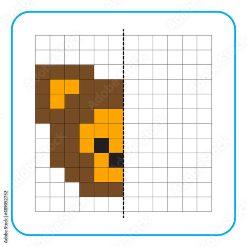 Picture reflection educational game for children. Learn to complete symmetrical worksheets for preschool activities. Coloring grid pages, visual perception and pixel art. Finish the monkey face.