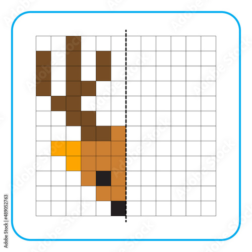 Picture reflection educational game for children. Learn to complete symmetrical worksheets for preschool activities. Coloring grid pages, visual perception and pixel art. Finish the deer head.