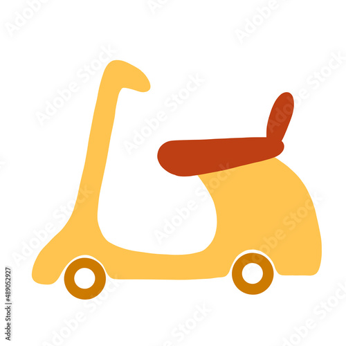 Cartoon two wheeled vehicles - scooter in yellow and red colors. Vector isolated children illustration for puzzle, print, kids room decor, stickers, cards.
