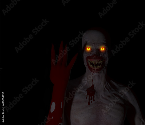 Vampire with blood mouth holding up a clawed hand covered in blood against a black background