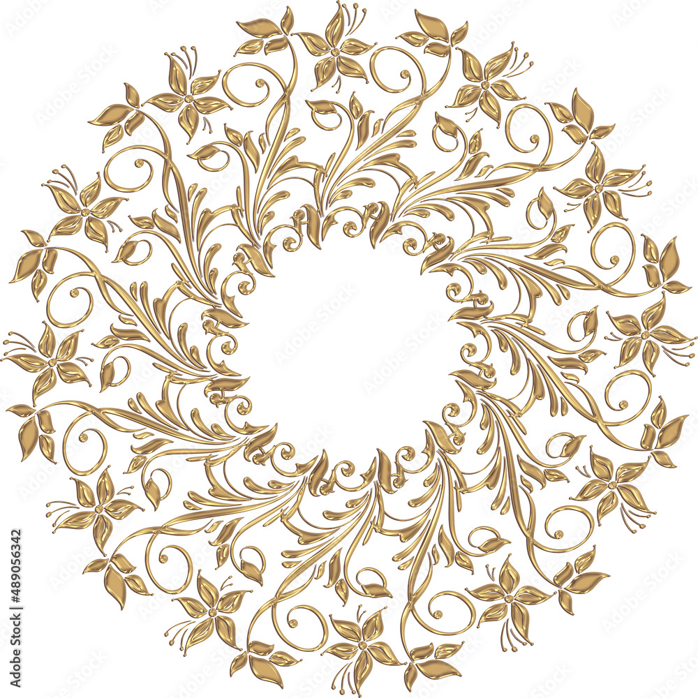 Fototapeta premium 3d rendering of a beautiful golden relief is a luxurious carved decoration of architecture. a classic interior detail made of gold