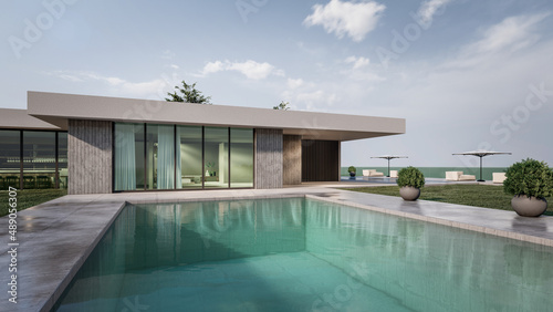 3D rendering illustration of modern house and swimming pool © Aris Suwanmalee