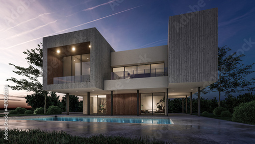 3D rendering illustration of modern house and swimming pool