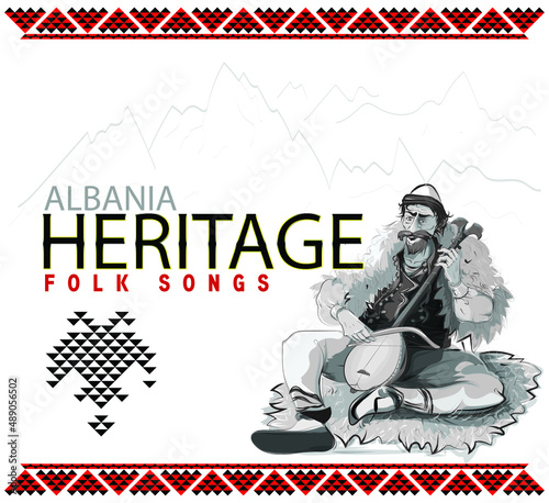 Albanian folk music instruments, heritage, lute, invitation, poster