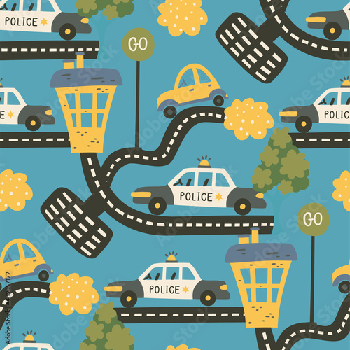 Cute cartoon car seamless pattern - baby boy background