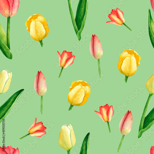 Tulips seamless pattern on green background. Watercolor hand drawing illustration. Art for decoration and design