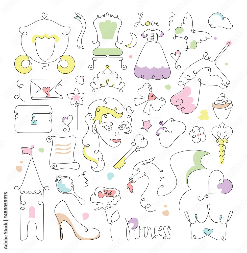 Collection of one line drawings. Linear illustrations on the theme of princesses and fairy tales.