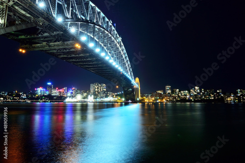 Night scenery of the Sydney city Harbour bridge viewed from Circular Quay  Sydney  Australia.