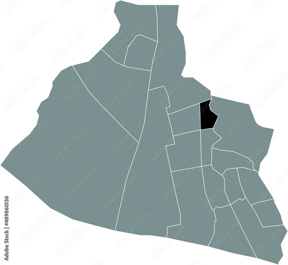 Black flat blank highlighted location map of the OUD ZAANDIJK DISTRICT inside gray administrative map of Zaanstad, Netherlands Black flat blank highlighted location map of the OUD ZAANDIJK DISTRICT inside gray administrative map of Zaanstad, Netherlands
