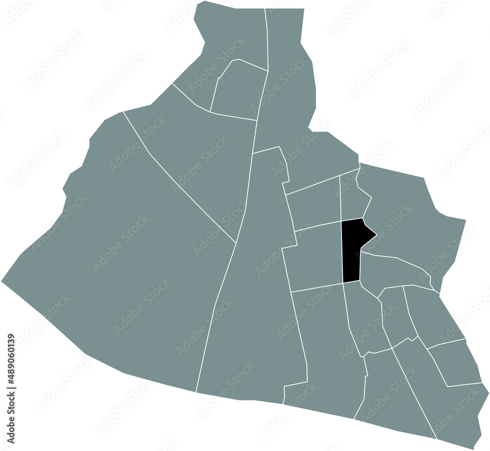 Black flat blank highlighted location map of the OUD KOOG AD ZAAN DISTRICT inside gray administrative map of Zaanstad, Netherlands Black flat blank highlighted location map of the OUD KOOG AD ZAAN DISTRICT inside gray administrative map of Zaanstad, Netherlands