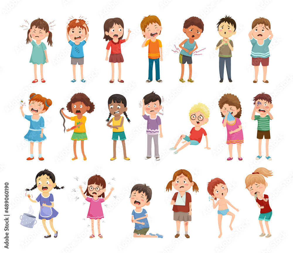 Children with various ailments, diseases and wounds. Cartoon illustrations. Children with various ailments, diseases and wounds. Cartoon illustrations.