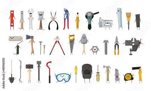 Construction tools characters collection. Cartoon illustrations.