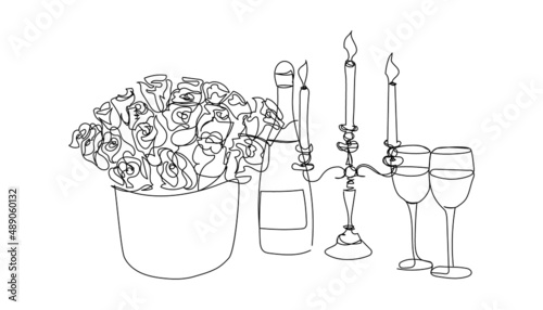 Bouquet of roses and candelabrum with candles, champagne and glasses continuous line drawing. One line art of flowers, romantic, 14 february, heart, relationships, sweets, gift, love, peonies.